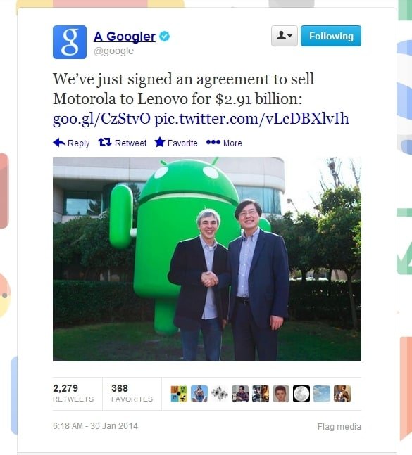 (From left) Page and Yang shaking on the deal that they had ink earlier as Lenovo moves to acquire the Motorola Mobility arm from Google.